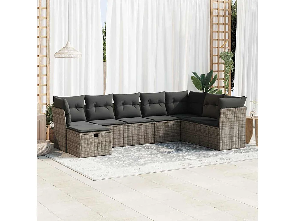 Salon de jardin 8 pièces avec coussins gris résine tressée