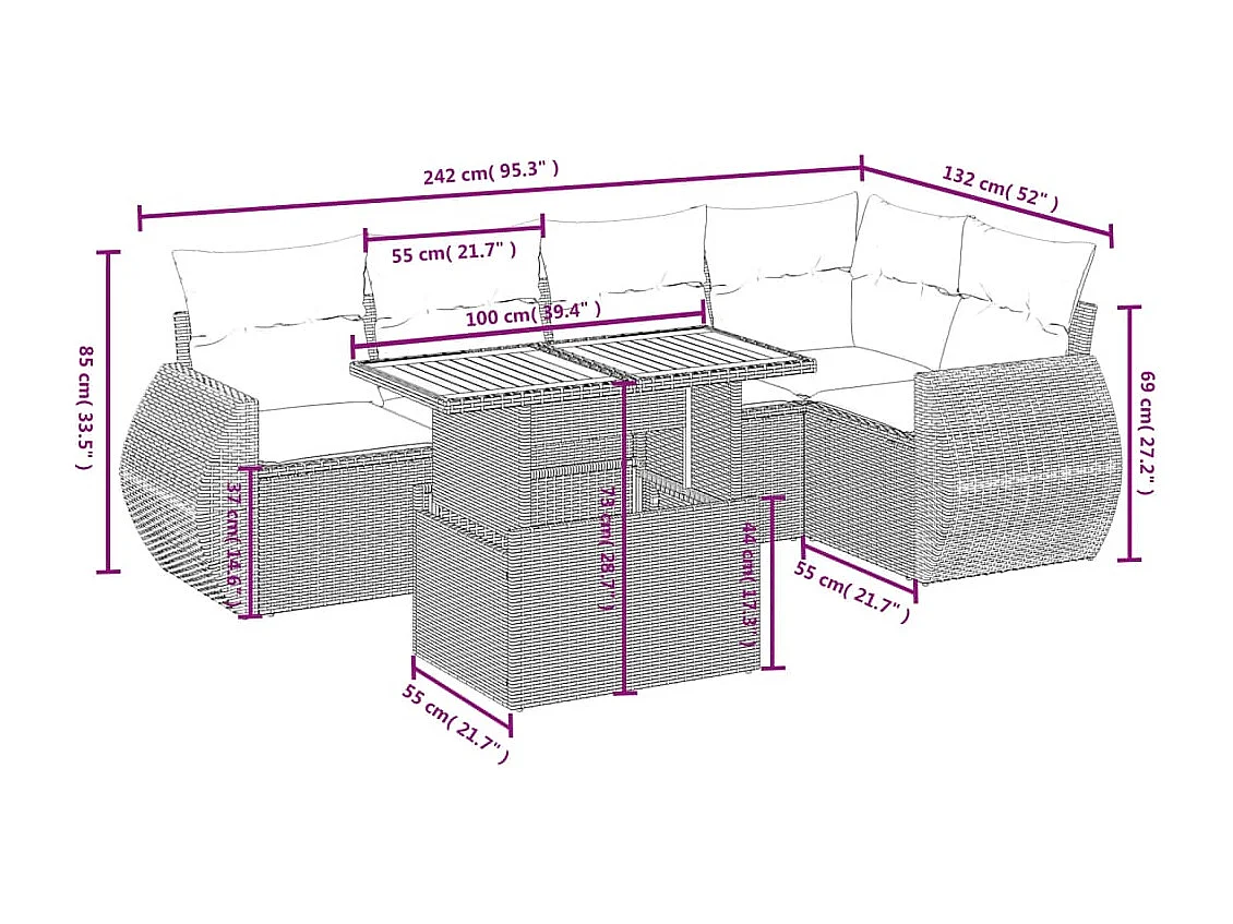 Salon de jardin avec coussins 6 pièces beige résine tressée