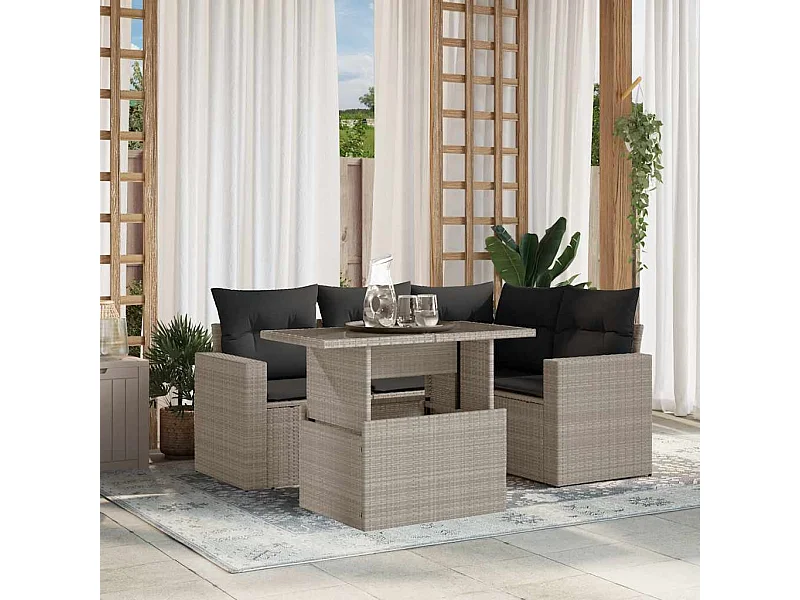 Salon de jardin 5 pièces avec coussins gris clair résine tressée