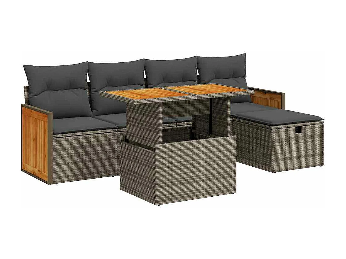 6-delige Loungeset met kussens poly rattan grijs