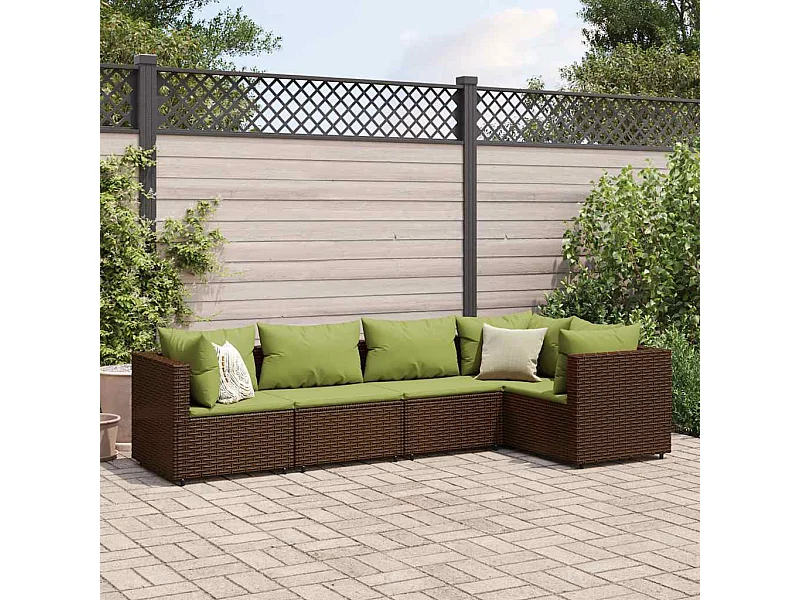 5 peças conjunto lounge jardim com almofadões vime PE castanho
