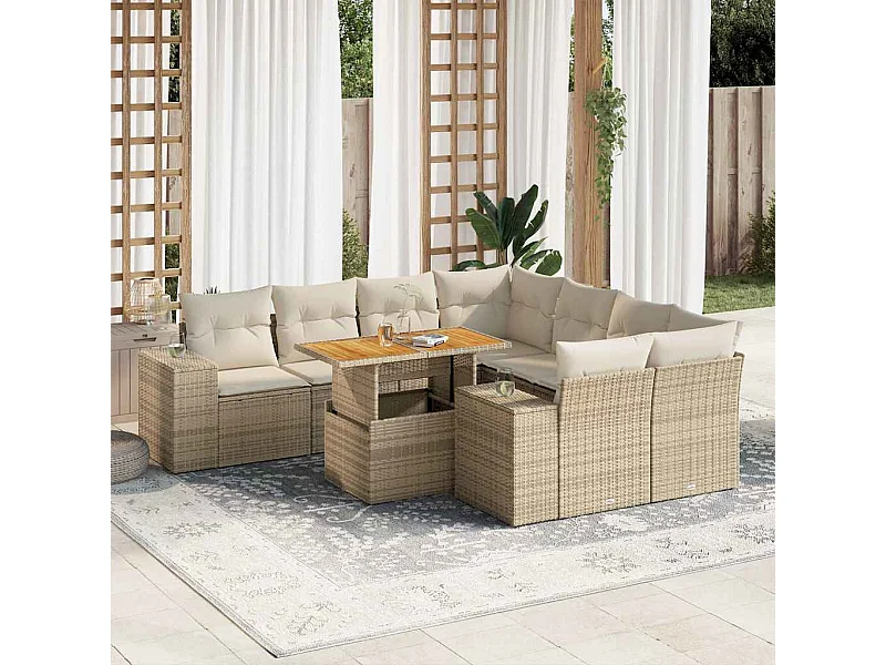Set de sofás de jardín con cojines 9 piezas ratán sintético beige