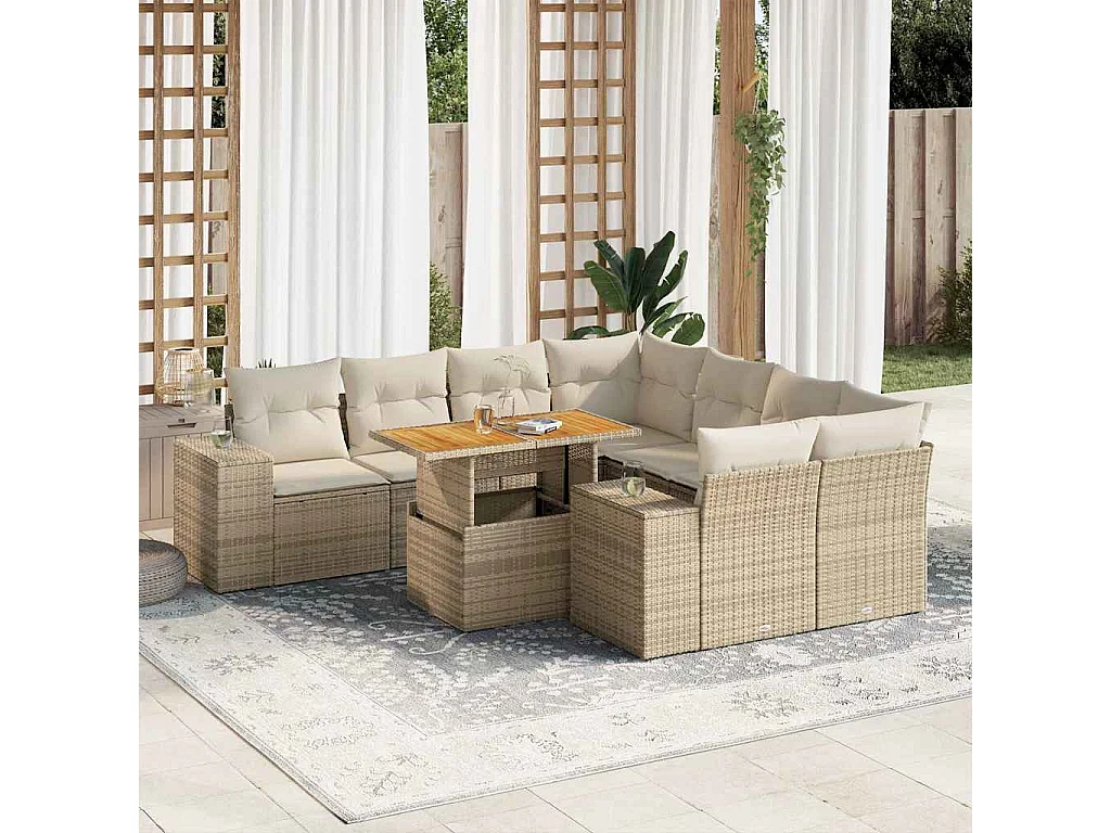 9-delige Loungeset met kussens poly rattan beige