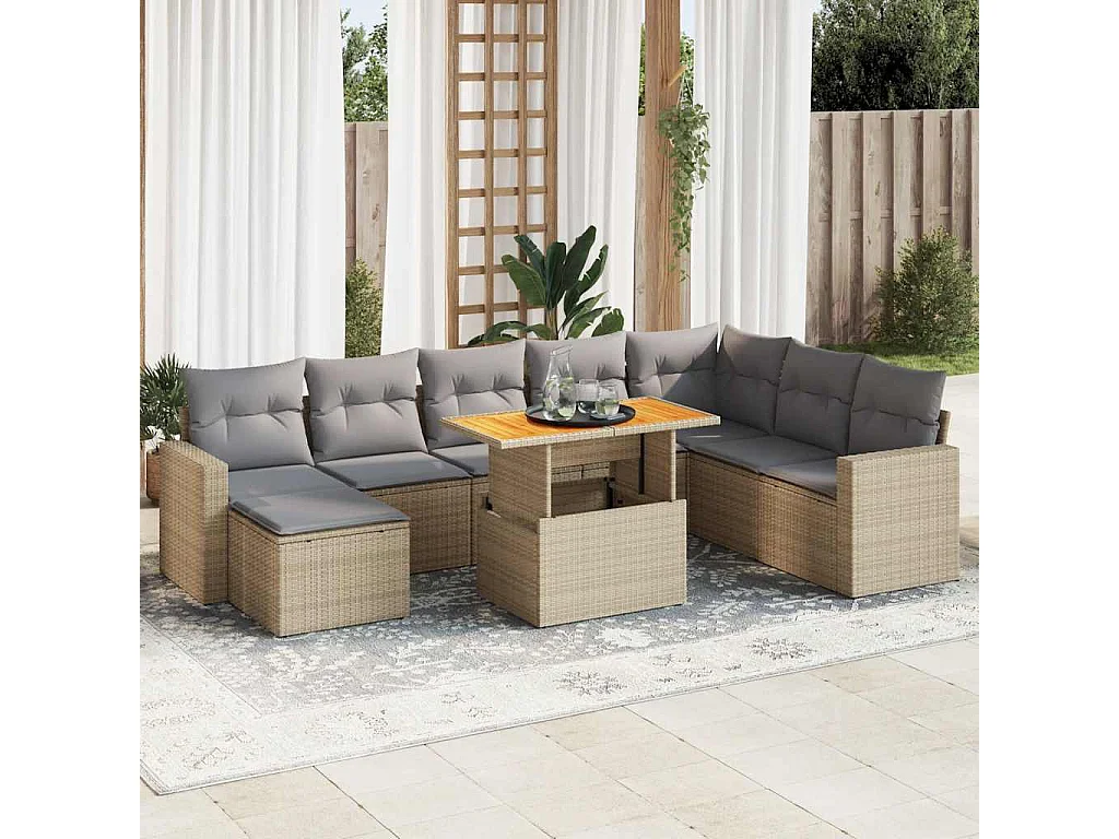 9-delige Loungeset met kussens poly rattan beige