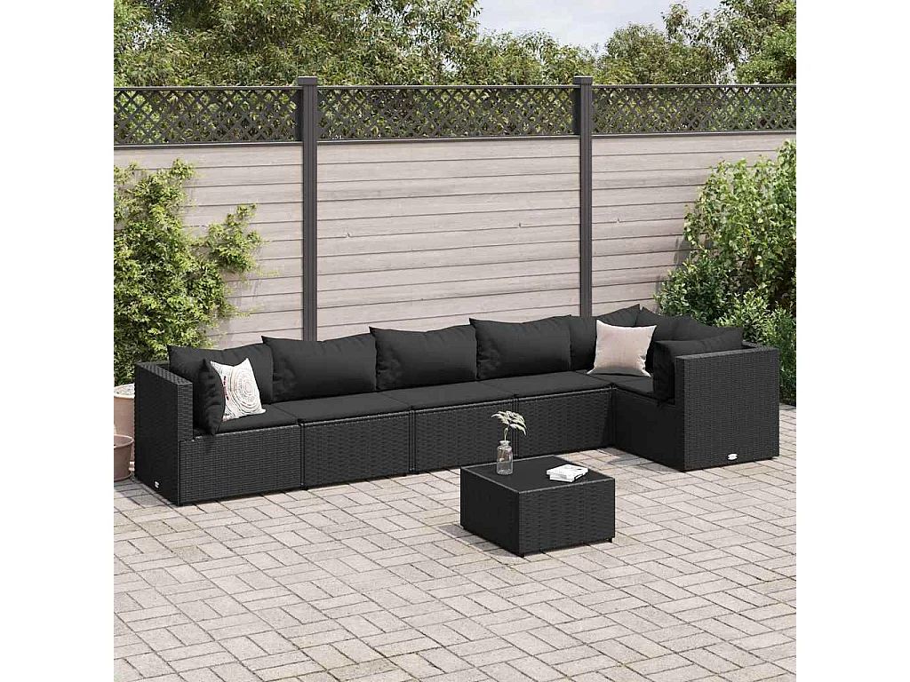 7-delige Loungeset met kussens poly rattan zwart