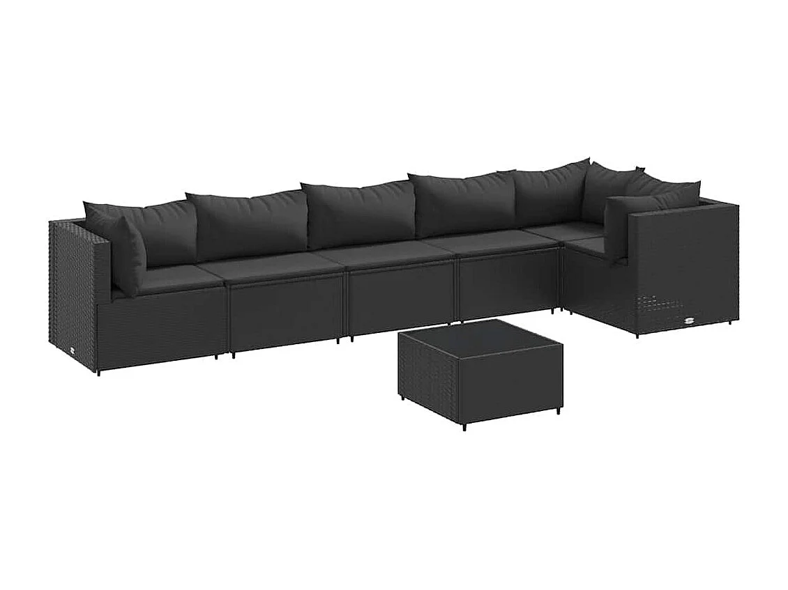 7-delige Loungeset met kussens poly rattan zwart
