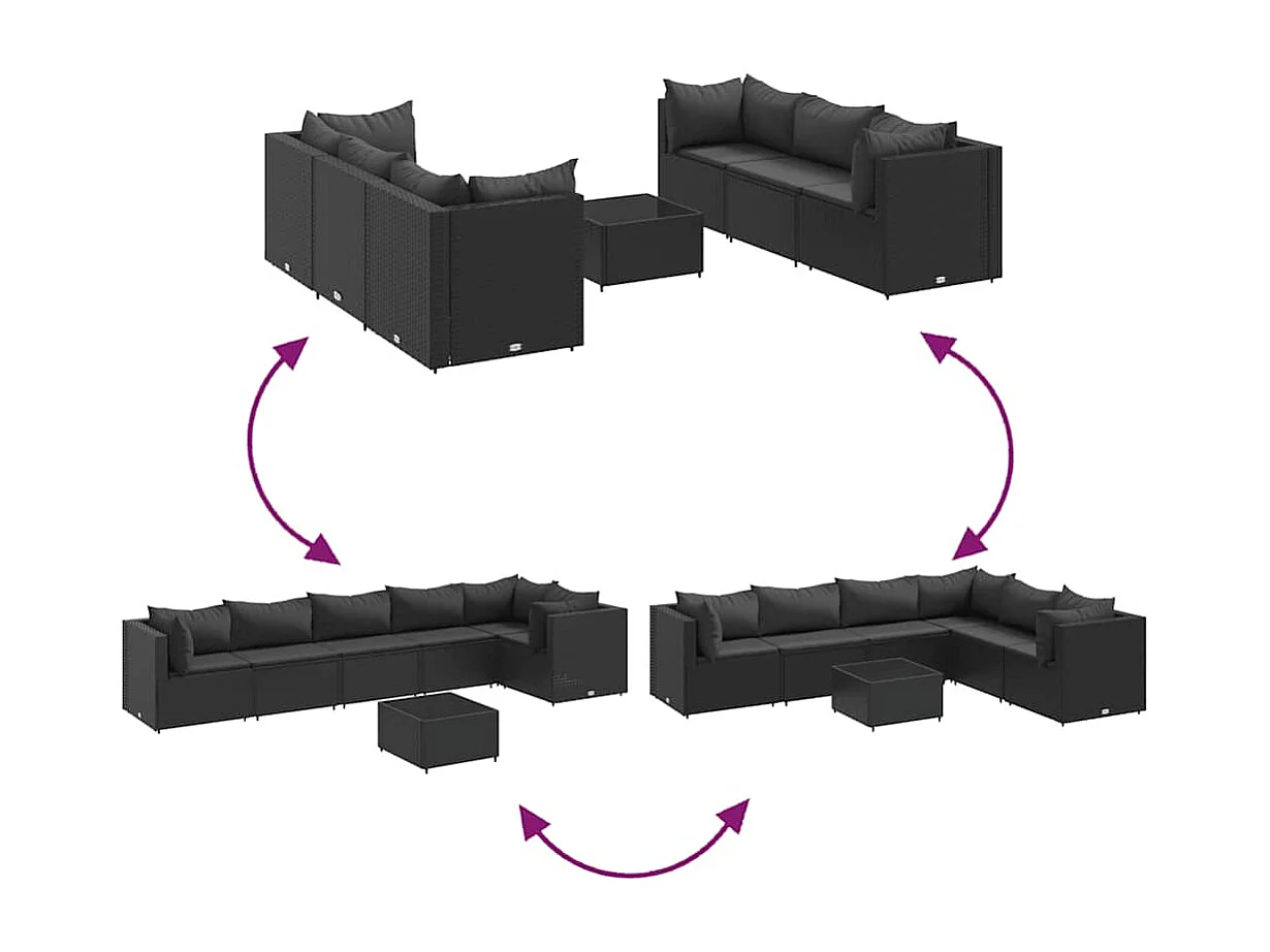 7-delige Loungeset met kussens poly rattan zwart