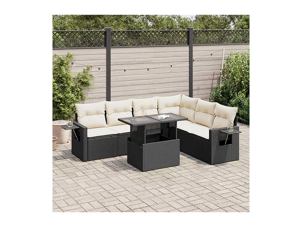 7-delige Loungeset met kussens poly rattan zwart