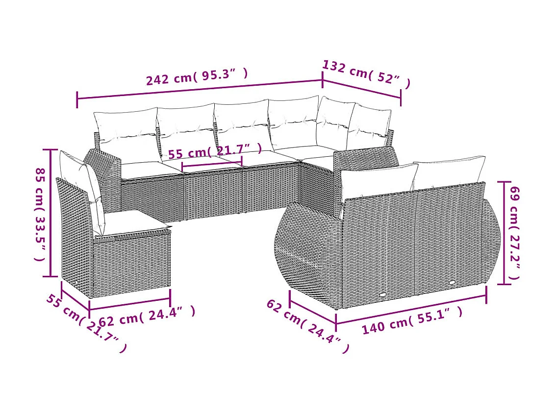 8-delige Loungeset met kussens poly rattan bruin