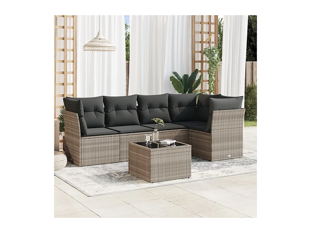 Set de sofás de jardín 6 piezas y cojines ratán sintético gris