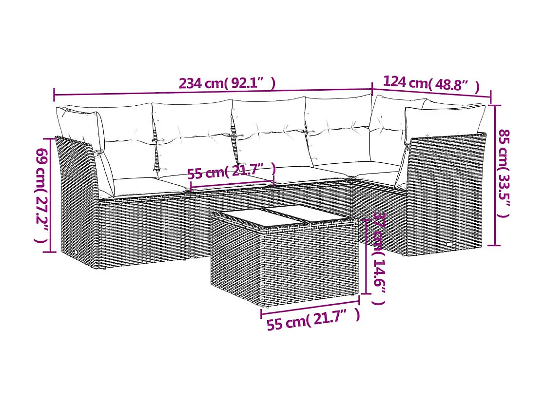 6-delige Loungeset met kussens poly rattan lichtgrijs