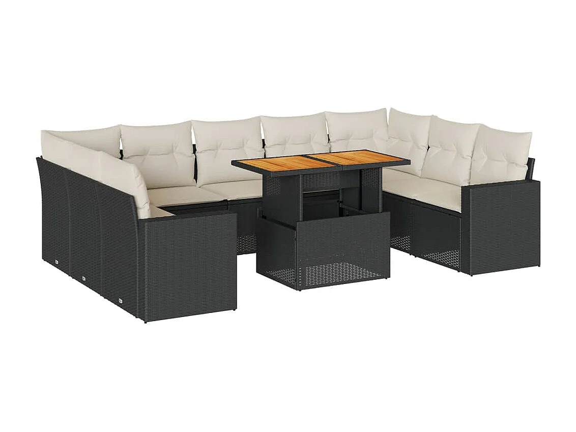 10 peças conjunto sofás de jardim com almofadões vime PE preto