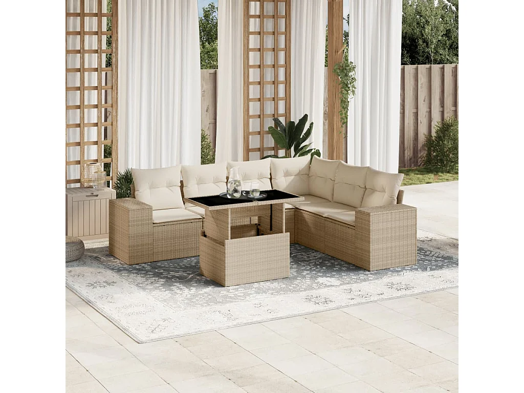 Salon de jardin avec coussins 7 pièces beige résine tressée