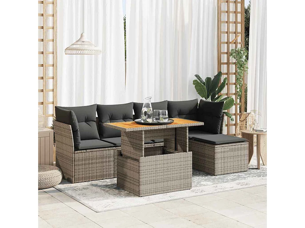Set de muebles de jardín 6 piezas y cojines ratán sintético gris