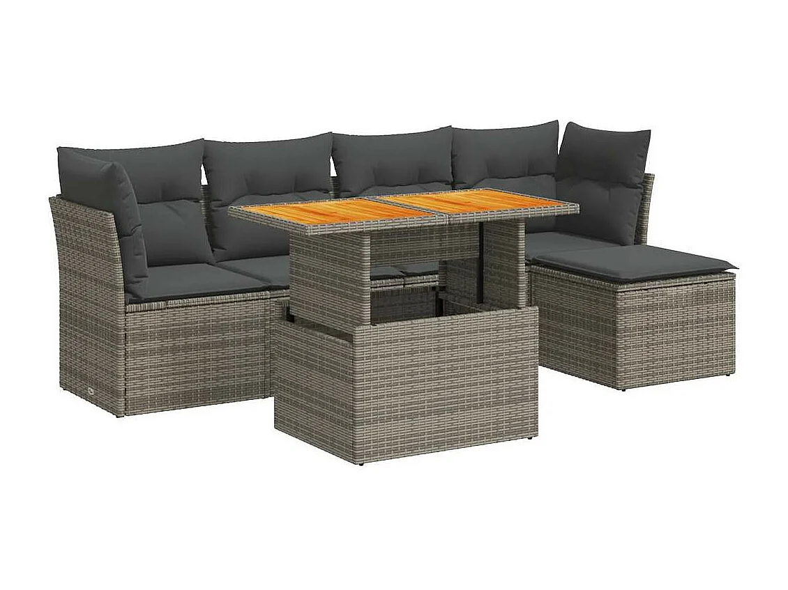 Set de muebles de jardín 6 piezas y cojines ratán sintético gris