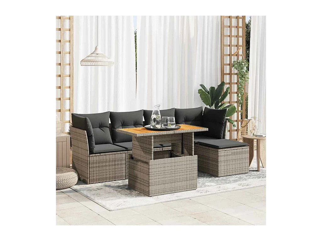 Set de muebles de jardín 6 piezas y cojines ratán sintético gris