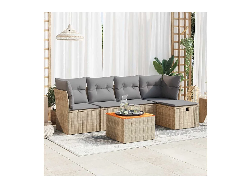 6-delige Loungeset met kussens poly rattan beige