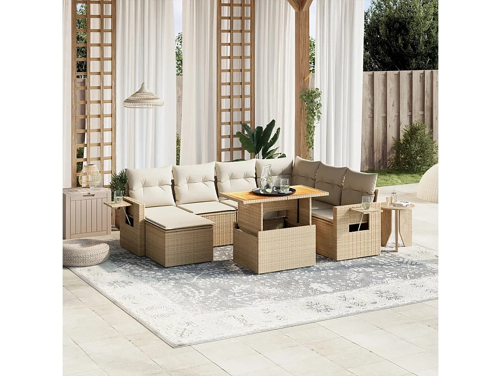 8-delige Loungeset met kussens poly rattan beige