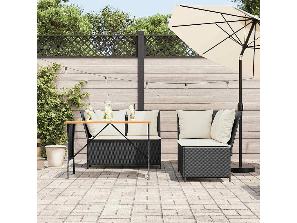 Salon de jardin 3 pièces avec coussins noir résine tressée