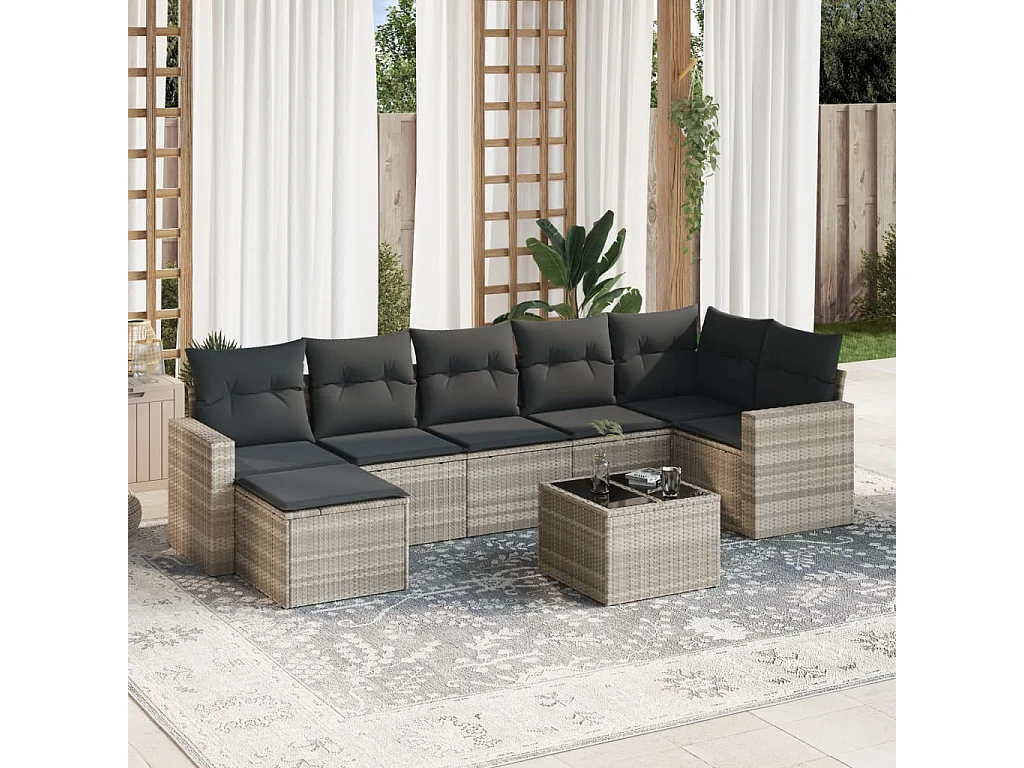 Salon de jardin 8 pièces avec coussins gris clair résine tressée