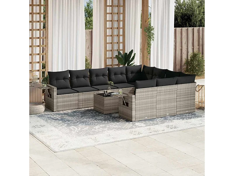 Set de sofás de jardín 11 piezas y cojines ratán sintético gris