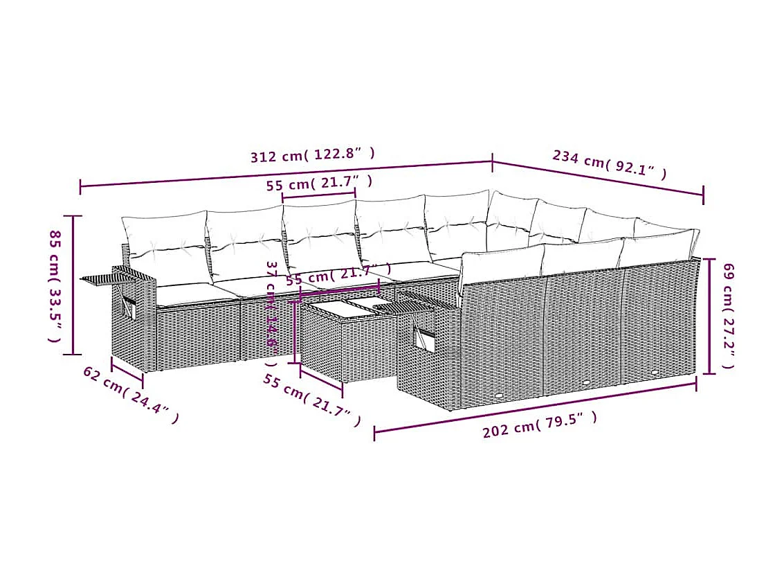 11-delige Loungeset met kussens poly rattan lichtgrijs