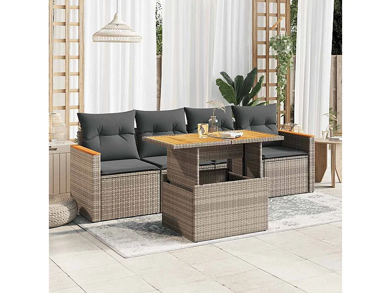 5-delige Loungeset met kussens poly rattan acacia grijs