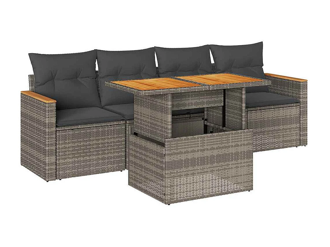 Salon de jardin 5 pièces avec coussins gris résine tressée acacia