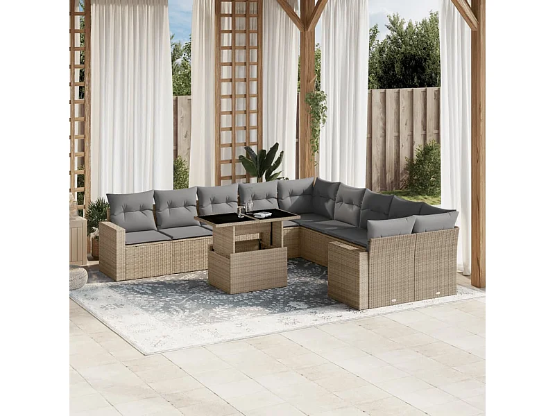 11-delige Tuinset met kussens poly rattan beige