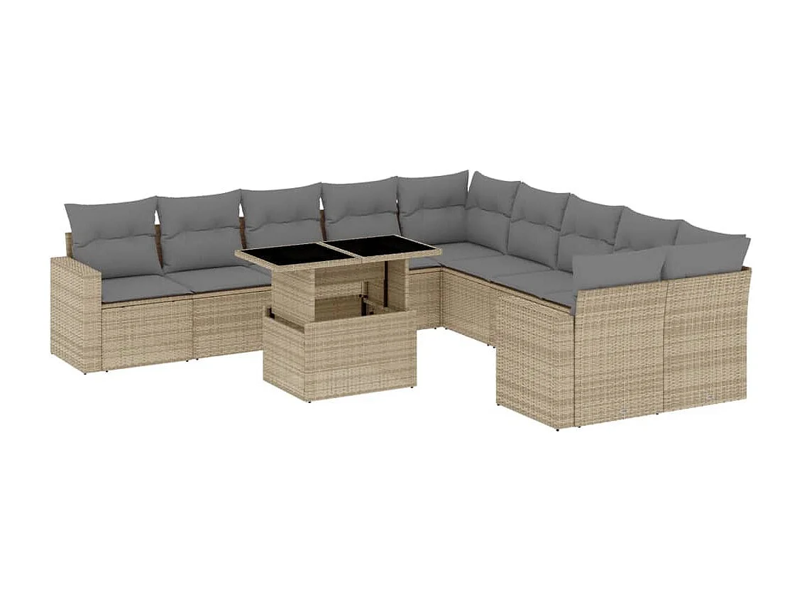 Set de sofás de jardín 11 piezas con cojines ratán sintético beige