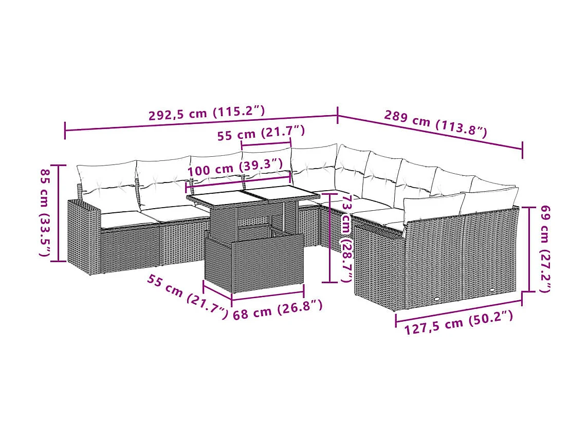 Set de sofás de jardín 11 piezas con cojines ratán sintético beige