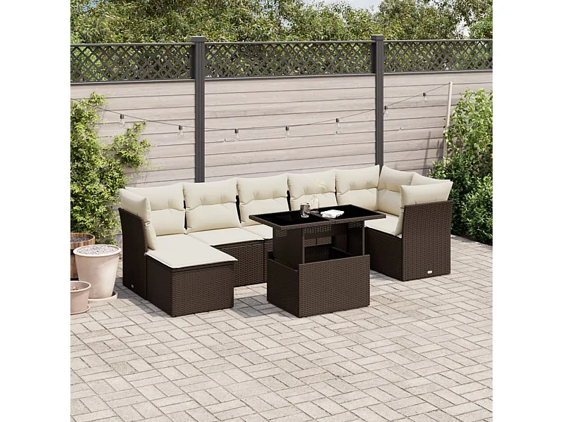 Salon de jardin 8 pièces avec coussins marron résine tressée