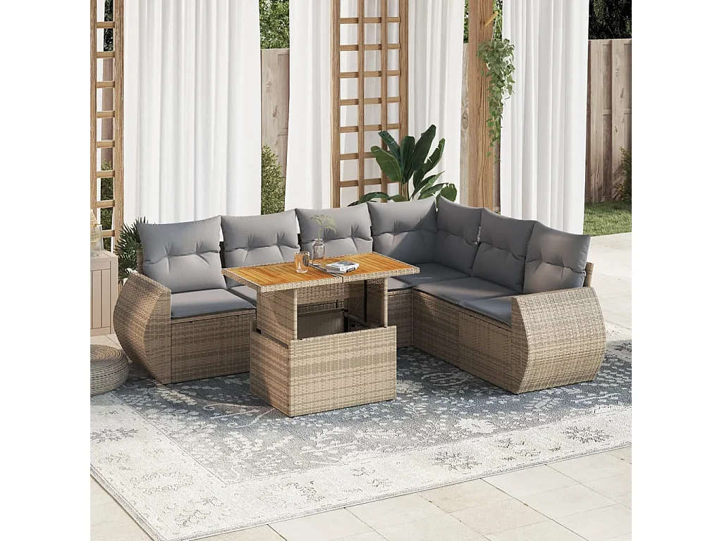 Salon de jardin avec coussins 7 pièces beige résine tressée