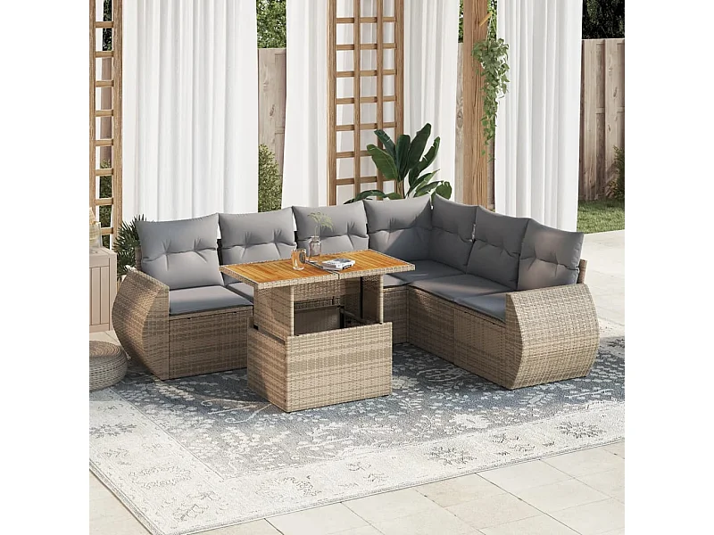 Salon de jardin avec coussins 7 pièces beige résine tressée