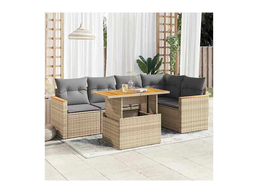 Salon de jardin avec coussins 5 pièces beige résine tressée acacia