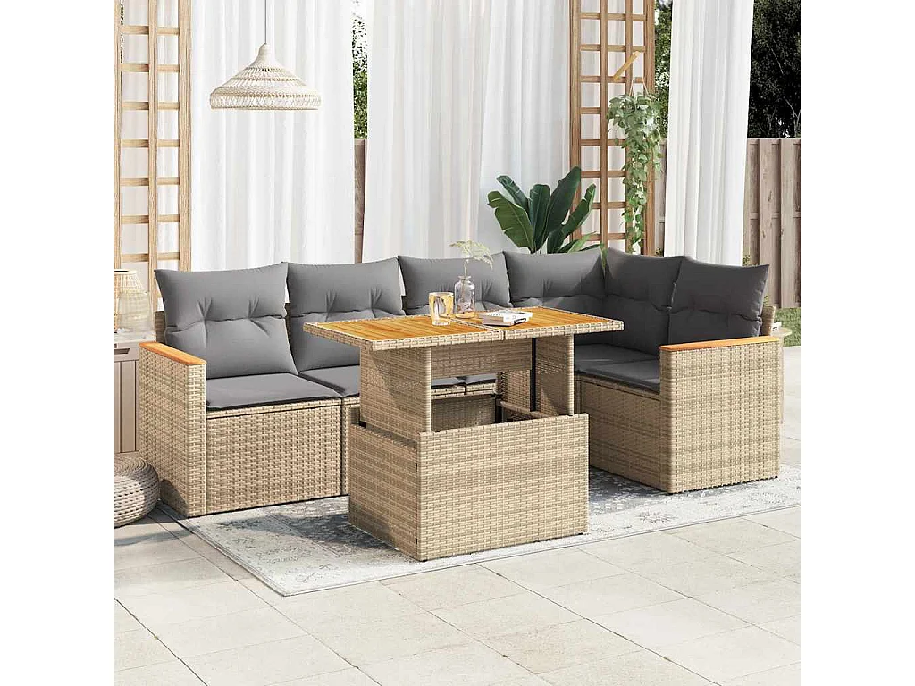 Salon de jardin avec coussins 5 pièces beige résine tressée acacia