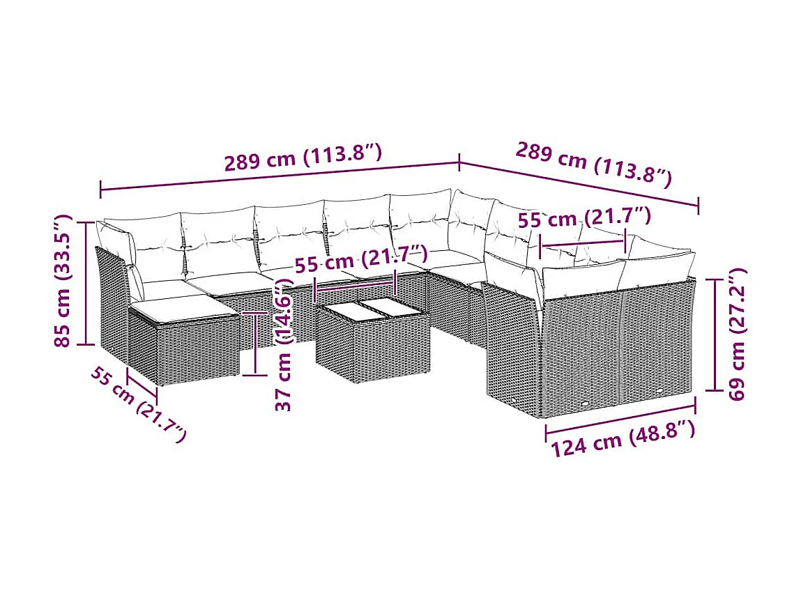 12-delige Loungeset met kussens poly rattan lichtgrijs