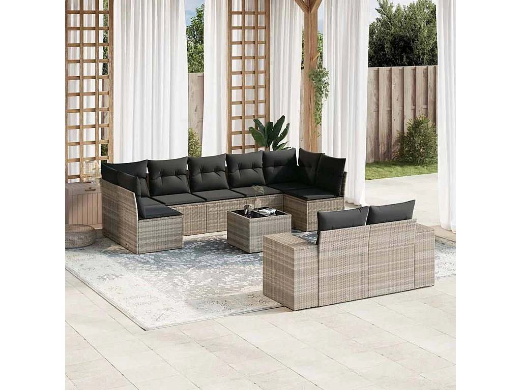 10-delige Loungeset met kussens poly rattan lichtgrijs
