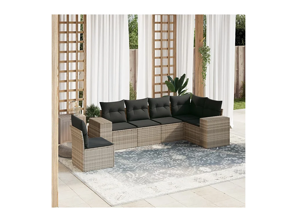 Set de sofás de jardín 6 piezas y cojines ratán sintético gris