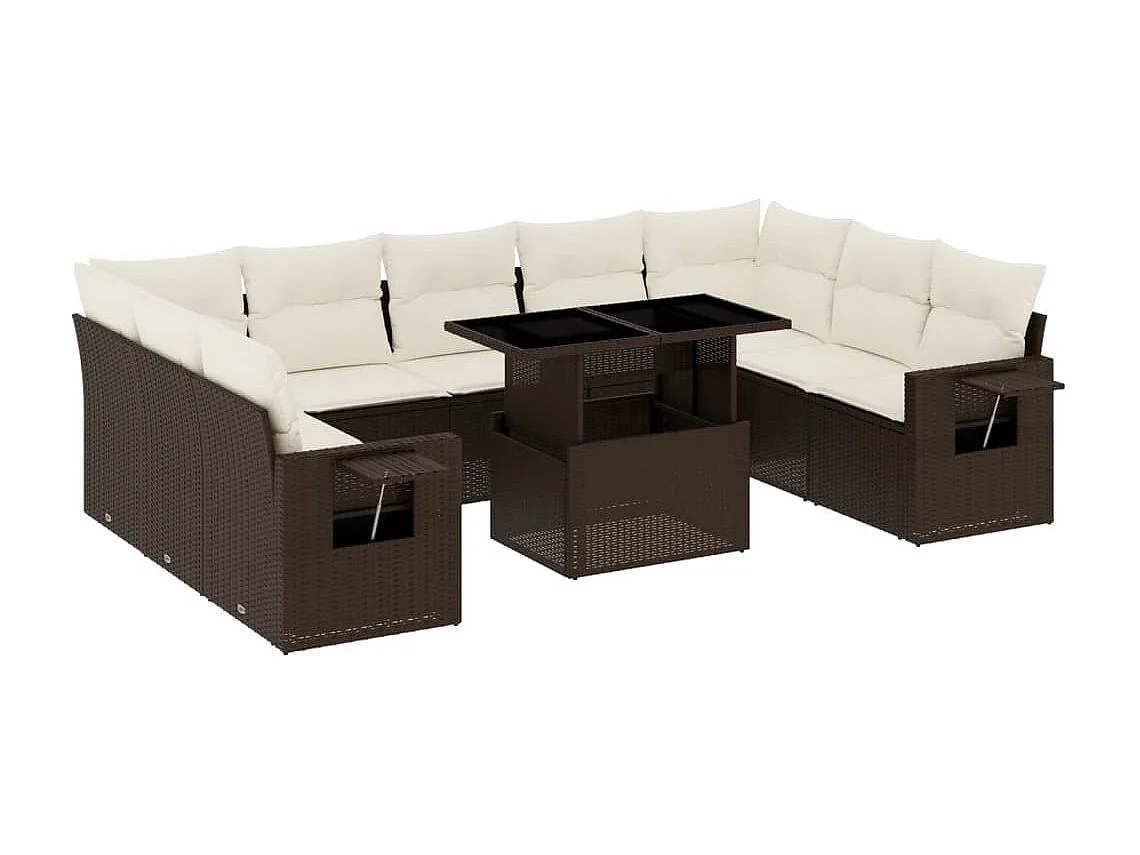 Salon de jardin 10 pièces avec coussins marron résine tressée