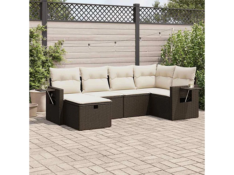 6-delige Loungeset met kussens poly rattan bruin