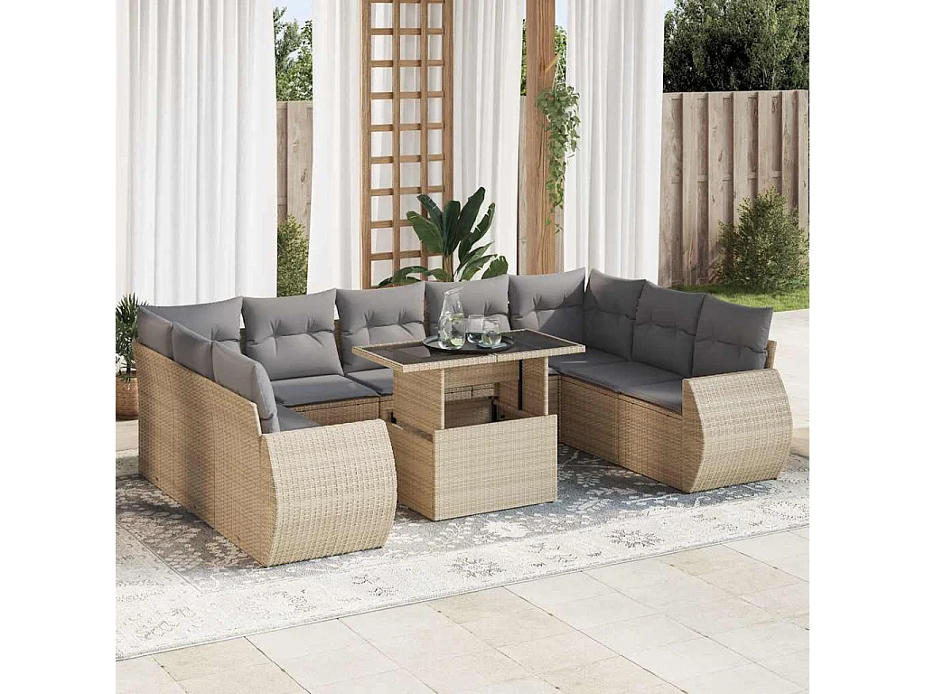 Salon de jardin avec coussins 10 pièces beige résine tressée