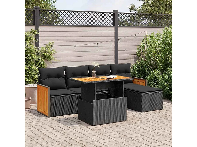 6 peças conjunto sofás jardim com almofadões vime PE/acácia preto