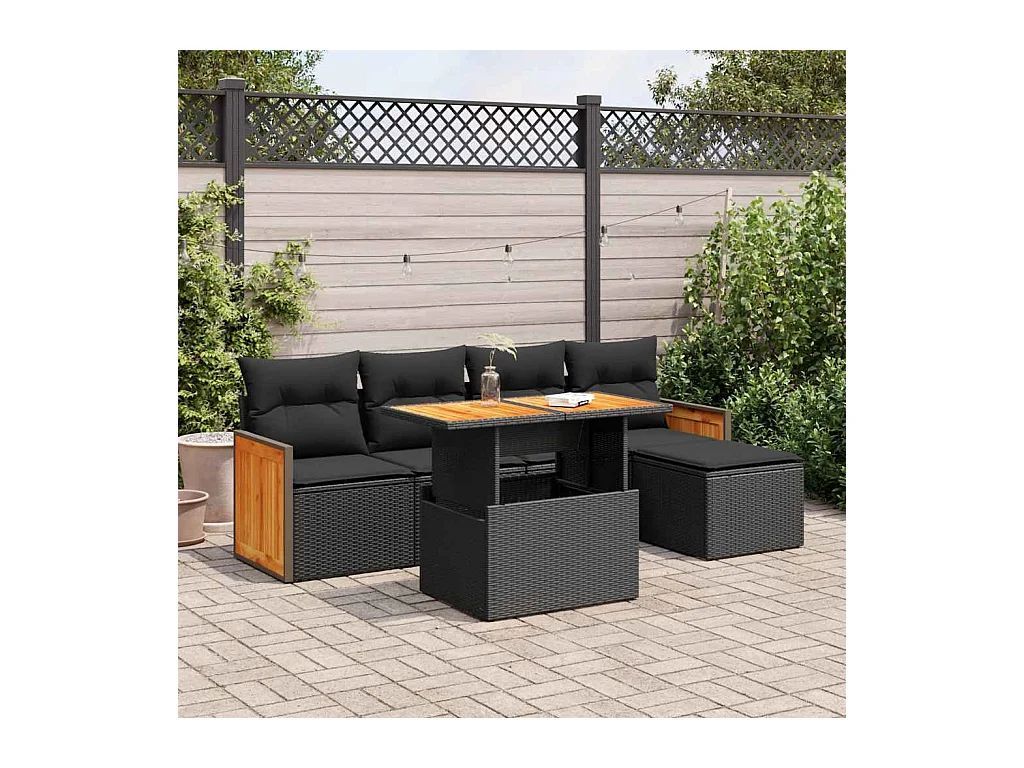 Salon de jardin 6 pièces avec coussins noir résine tressée acacia