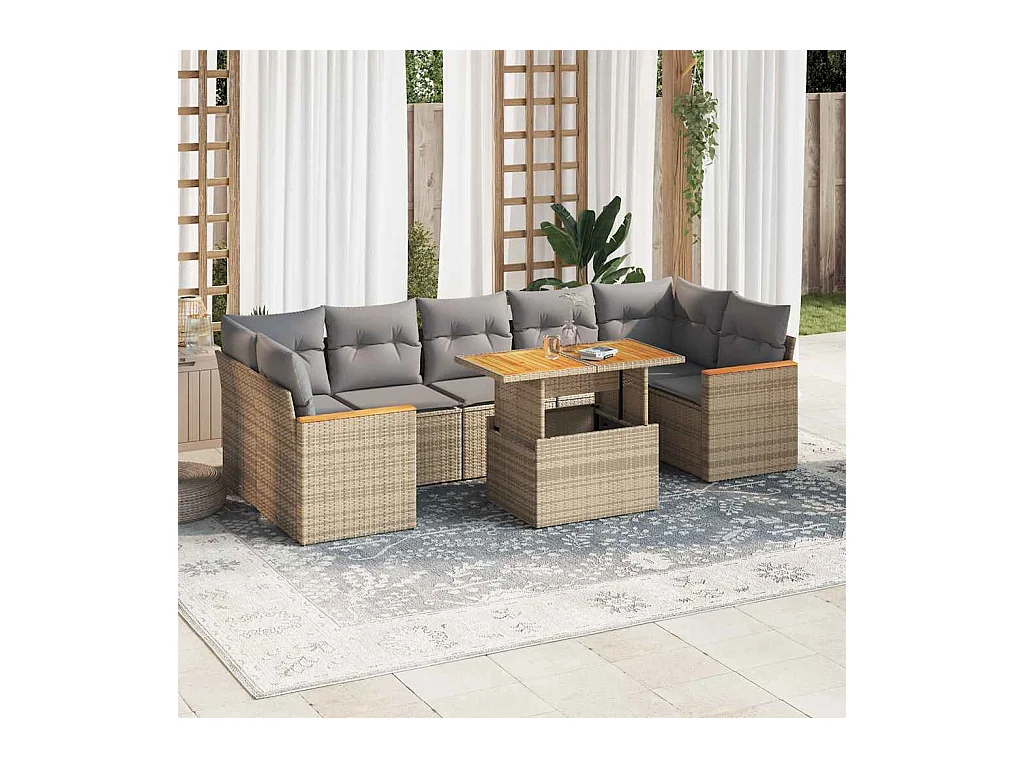 7 peças conjunto sofás jardim com almofadões vime PE/acácia bege