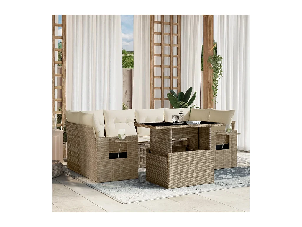 7-delige Loungeset met kussens poly rattan beige