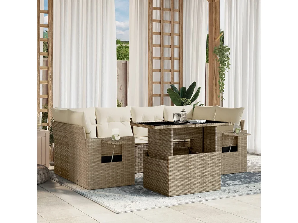 7-delige Loungeset met kussens poly rattan beige
