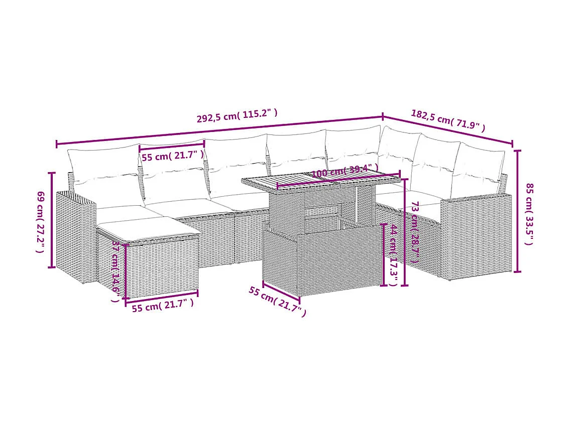 9 peças conjunto de sofás para jardim com almofadões vime PE bege