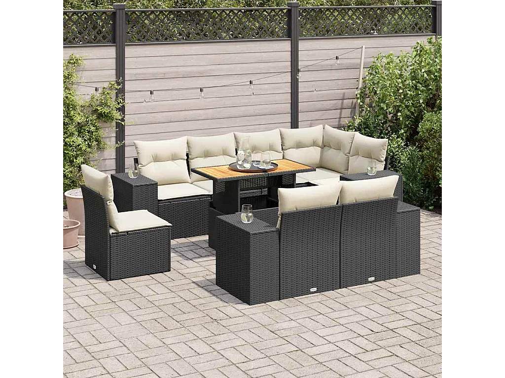 Set de sofás de jardín con cojines 9 piezas ratán sintético negro