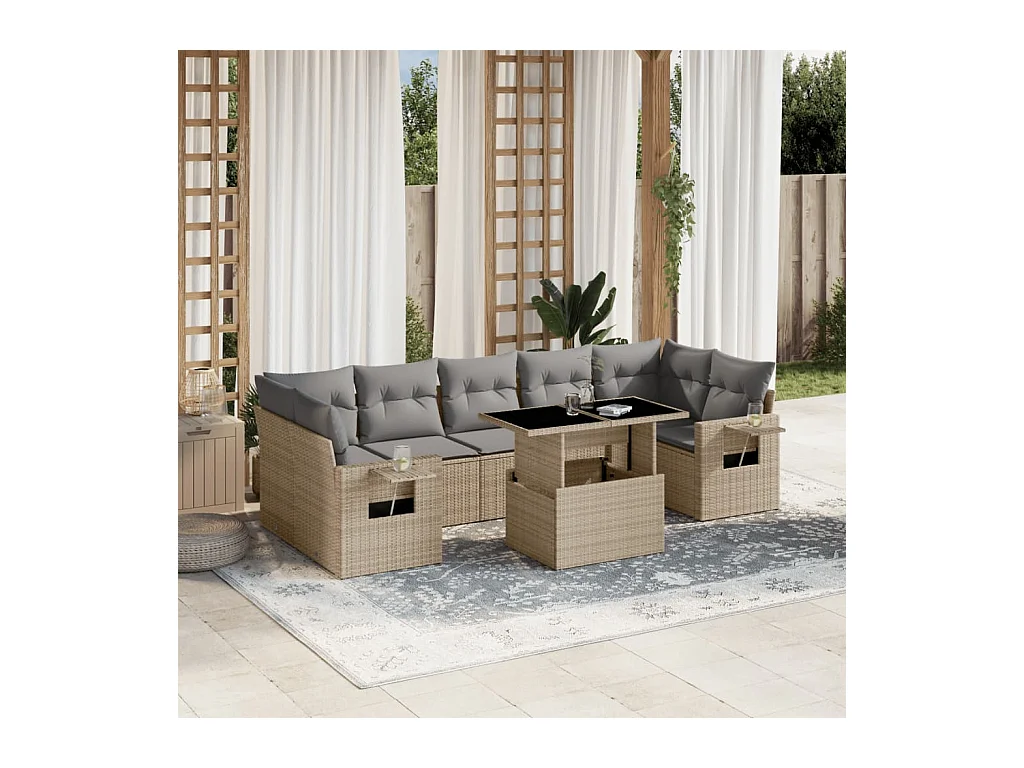 8-delige Loungeset met kussens poly rattan beige